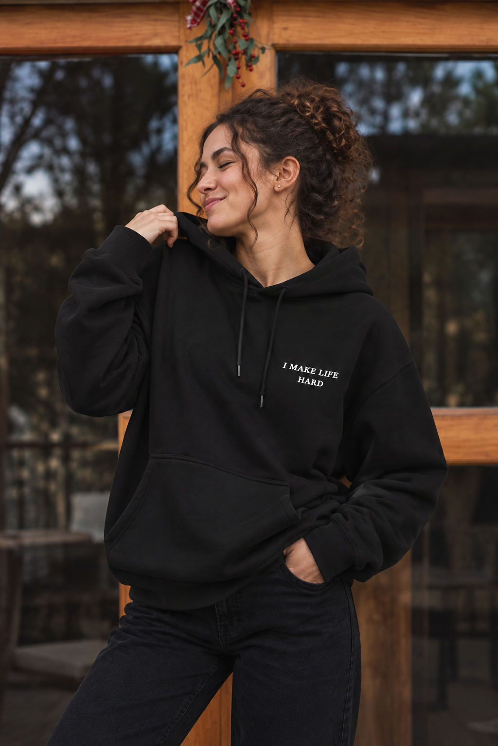 I MAKE LIFE HARD –The Chaos Energy Hoodie (White Embroidery)