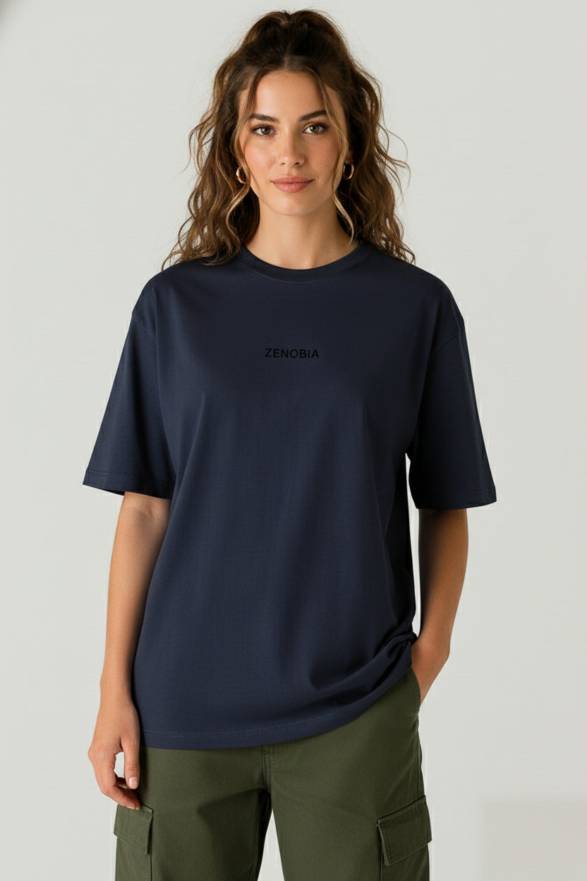 Oversized French Terry T-Shirt — Black Embroidery Edition