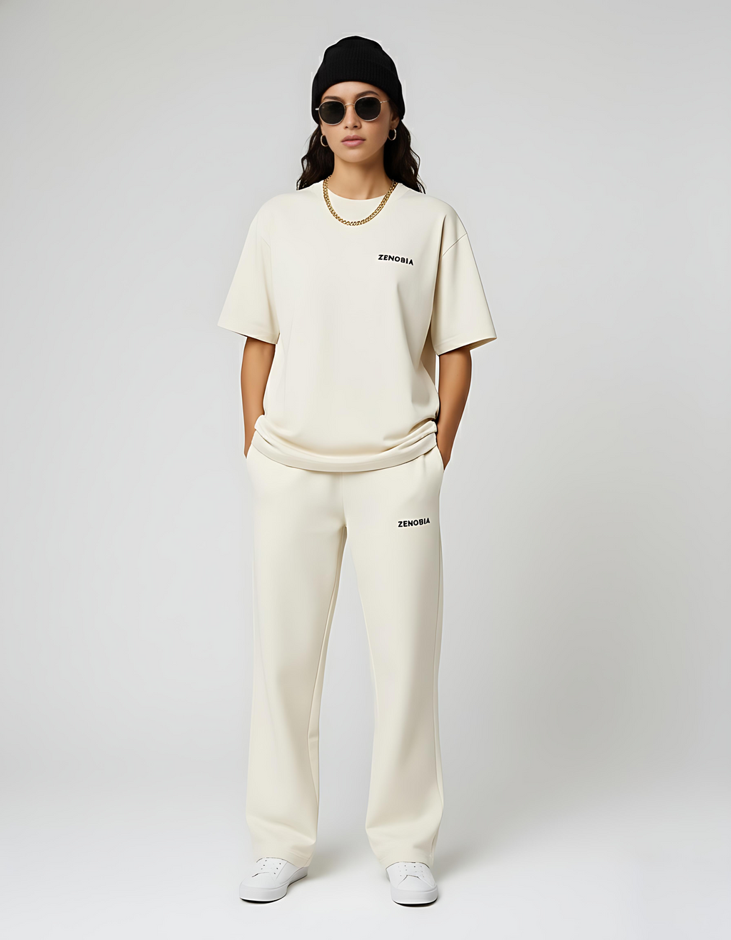 Unisex Premium Terry Sweatpants – Off-White (Black Embroidery)